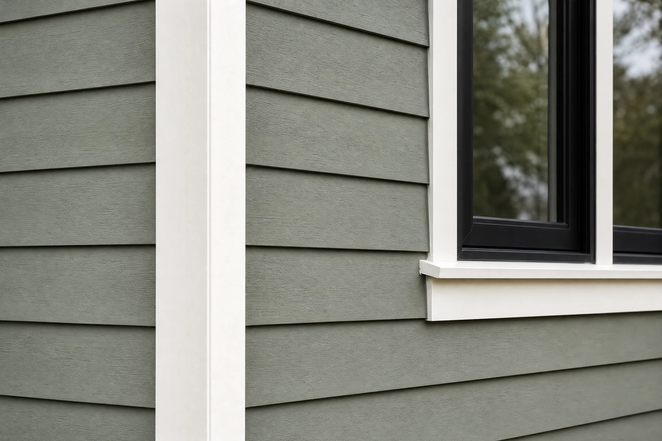 Close detail of unbranded sage-green fiber cement lap siding, white trim, and a window edge.